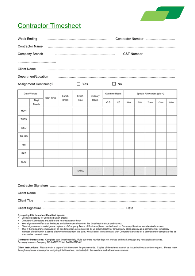 Contractor timesheet template in Word and Pdf formats