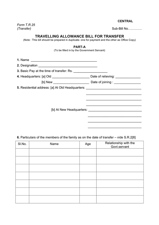 transfer travelling allowance bill form
