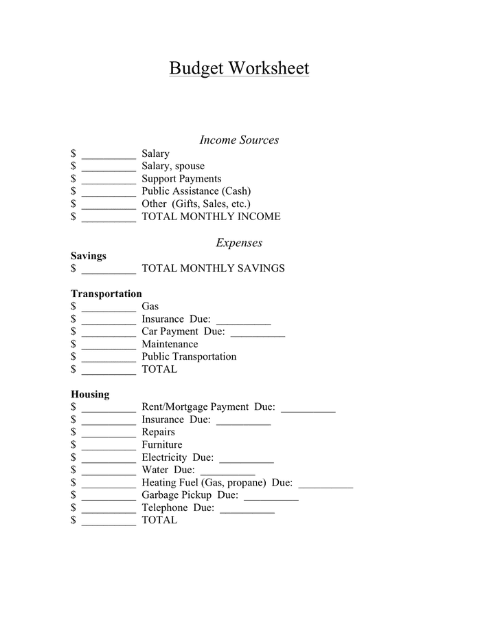 Budget worksheet page 1