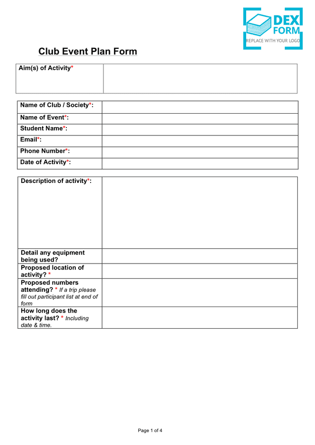 Club Event Plan Form in Word and Pdf formats