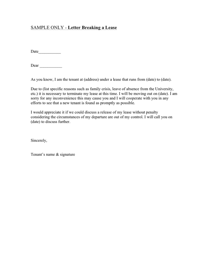 Sample letter breaking a lease preview