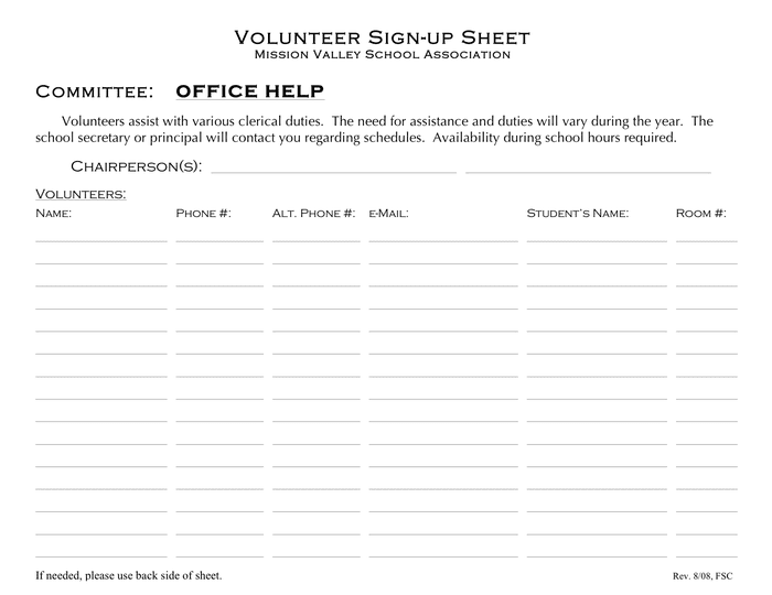 Volunteer signup sheet in Word and Pdf formats page 21 of 31