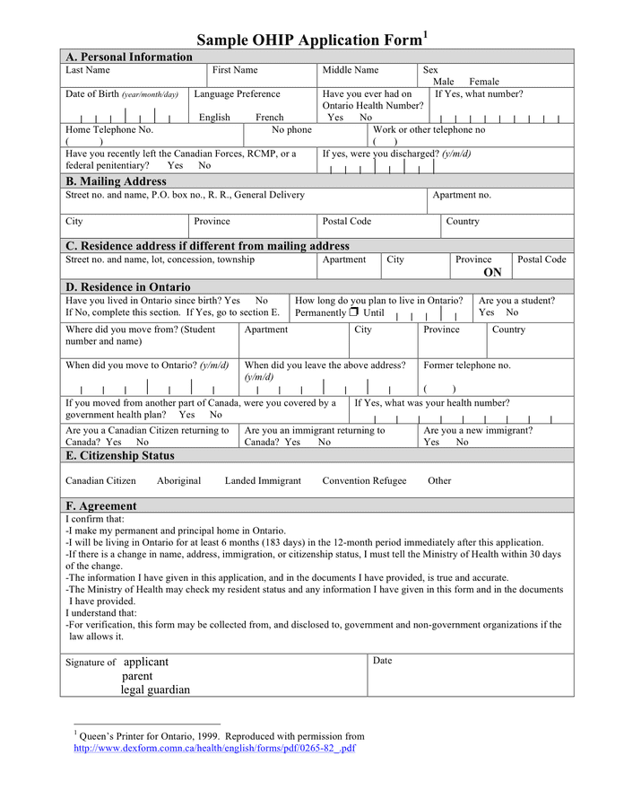 Sample Ohip Application Form In Word And Pdf Formats 5939