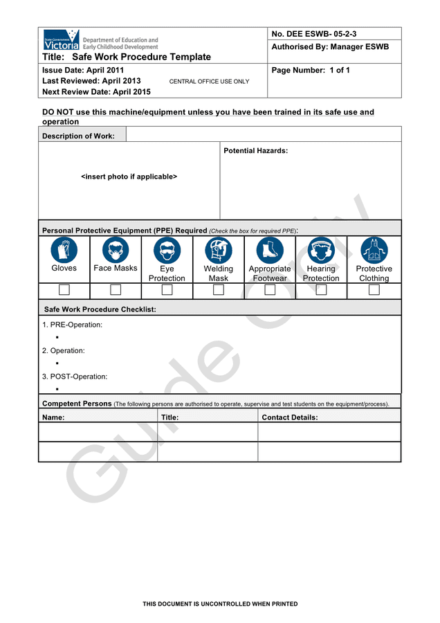 Safe work procedure template (Australia) in Word and Pdf formats