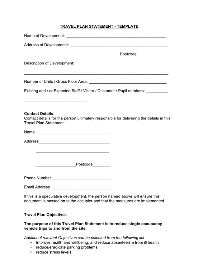 Travel plan statement template page 1