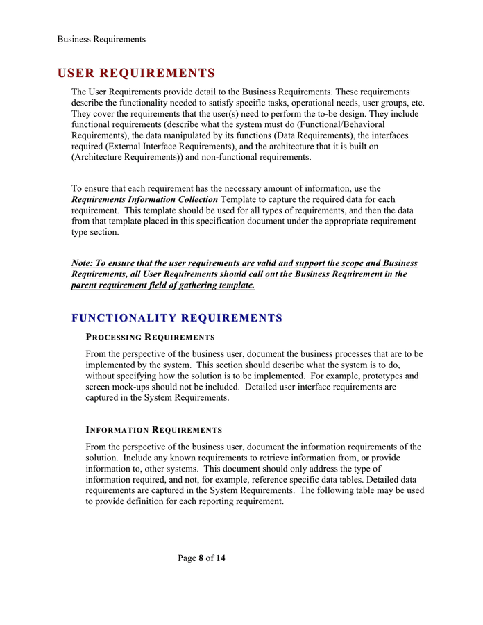 Business requirements template in Word and Pdf formats page 8 of 14