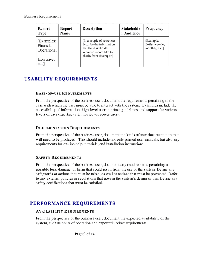 Business requirements template in Word and Pdf formats page 9 of 14