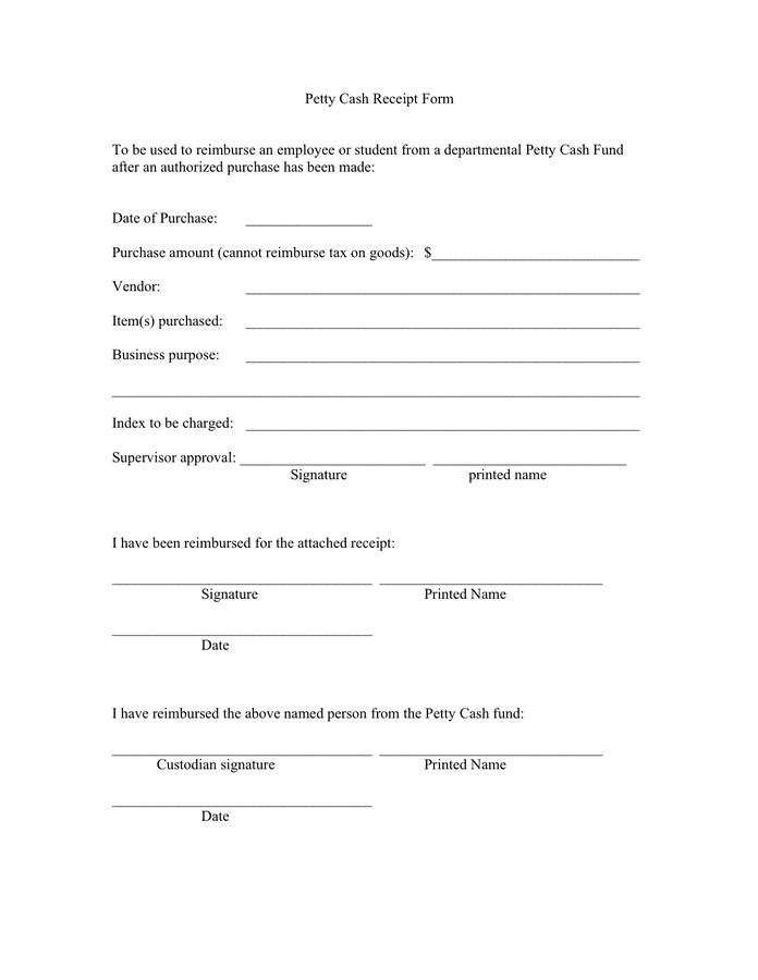 petty cash receipt form in word and pdf formats