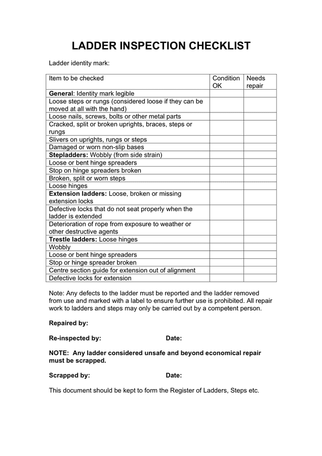 Ladder inspection checklist in Word and Pdf formats