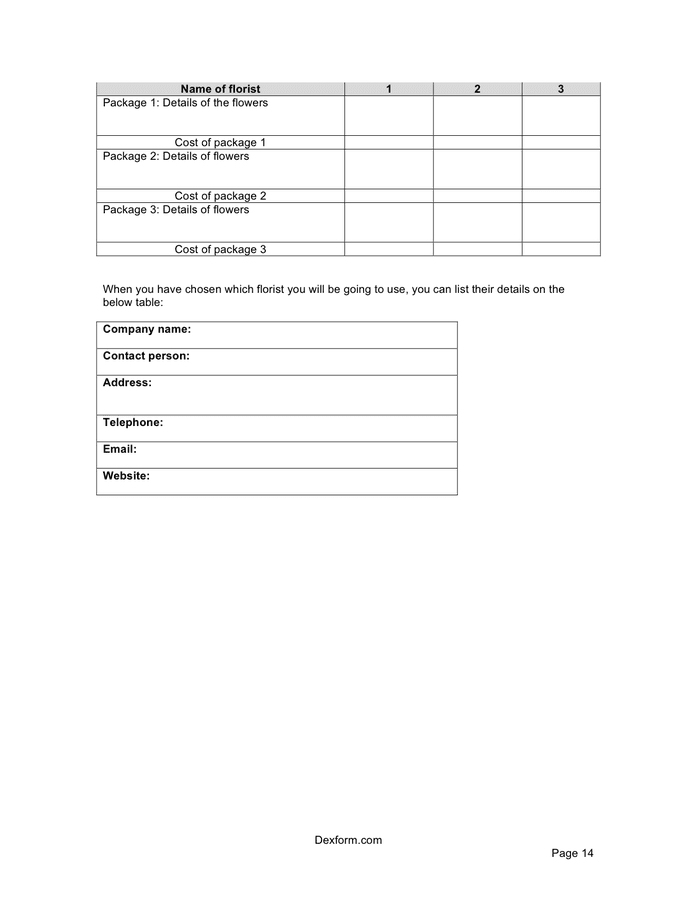 Wedding Arrangements Worksheets