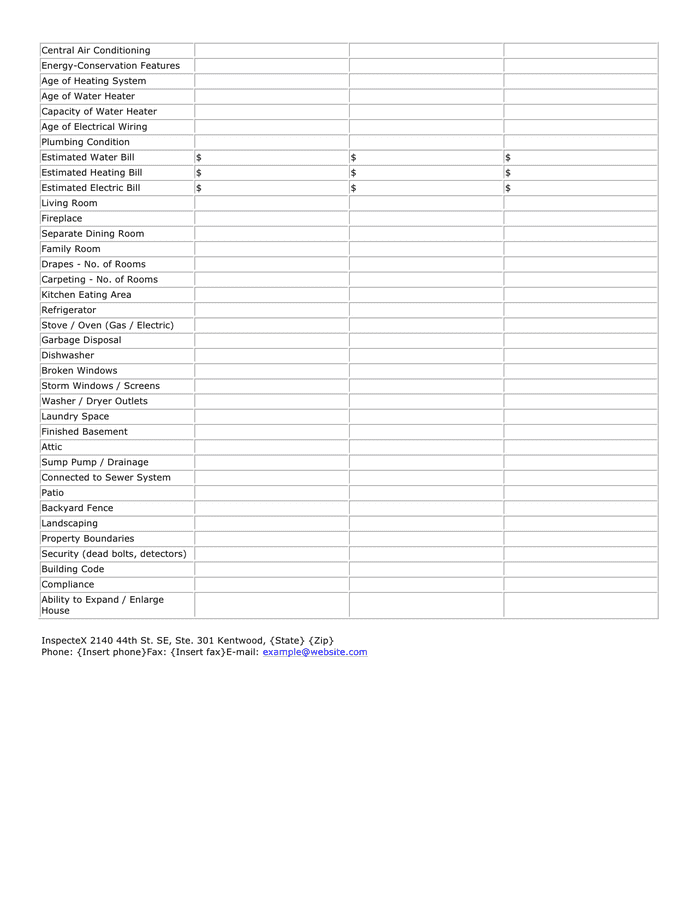 Home comparison checklist in Word and Pdf formats - page 2 of 2