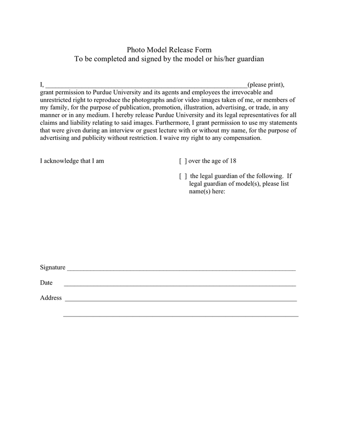 Photo model release form in Word and Pdf formats