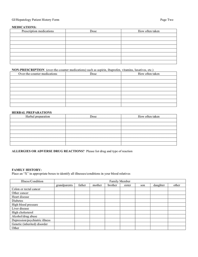 Medical history form in Word and Pdf formats - page 2 of 3