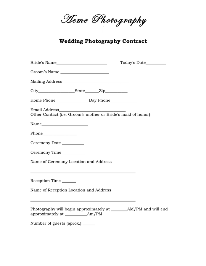 simple wedding photography contract template free
