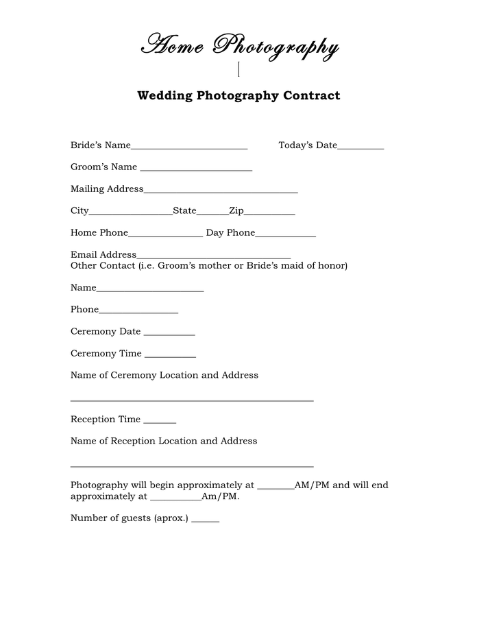 Wedding Photography Contract In Word And Pdf Formats