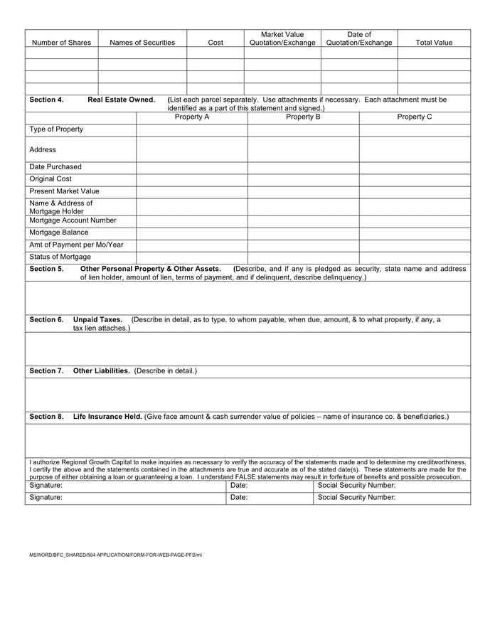 Personal financial statement in Word and Pdf formats - page 2 of 2