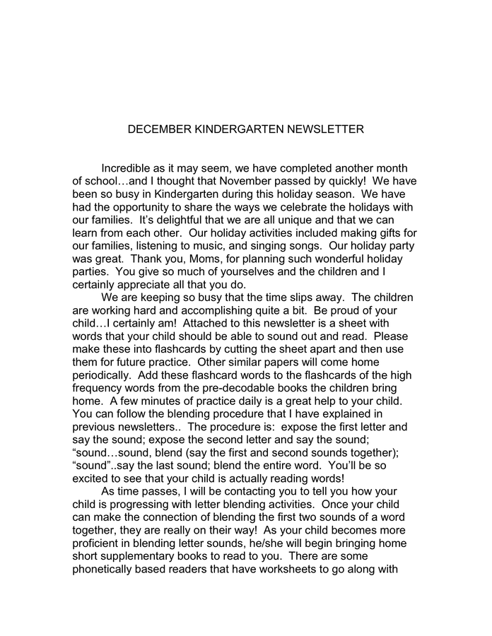 December kindergarten newsletter in Word and Pdf formats