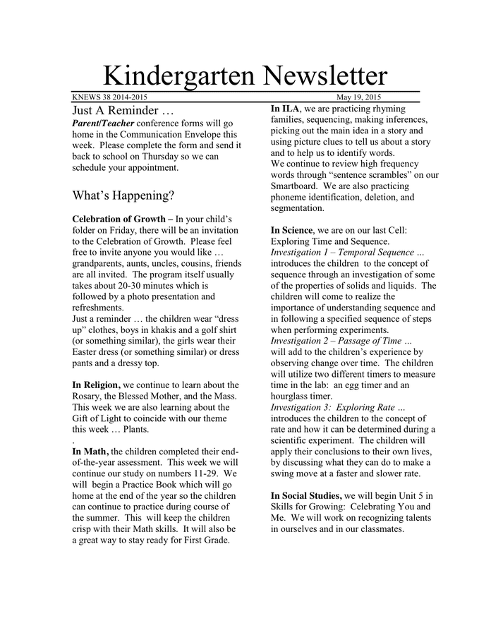 Kindergarten Newsletter Template - download free documents for PDF ...