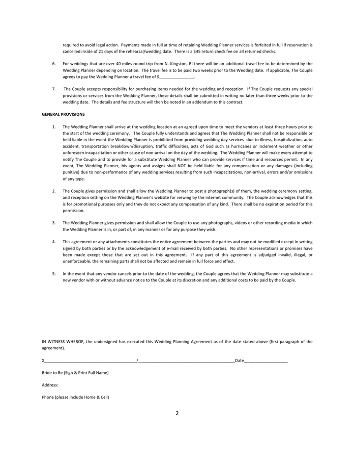 Contract for wedding planning services in Word and Pdf formats - page 2 ...