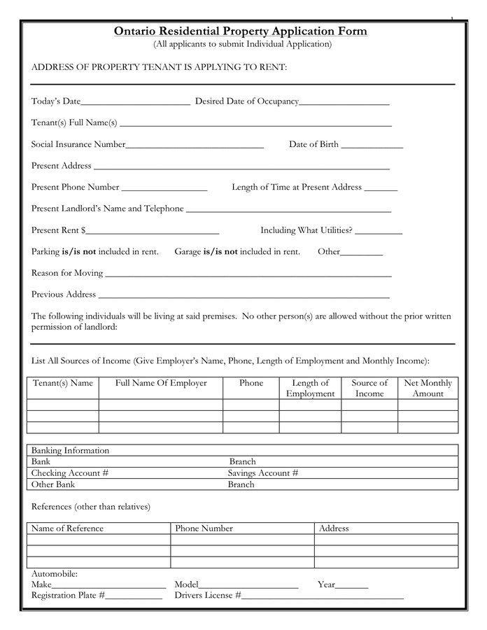 Residential Property Application Form Canada In Word And Pdf Formats