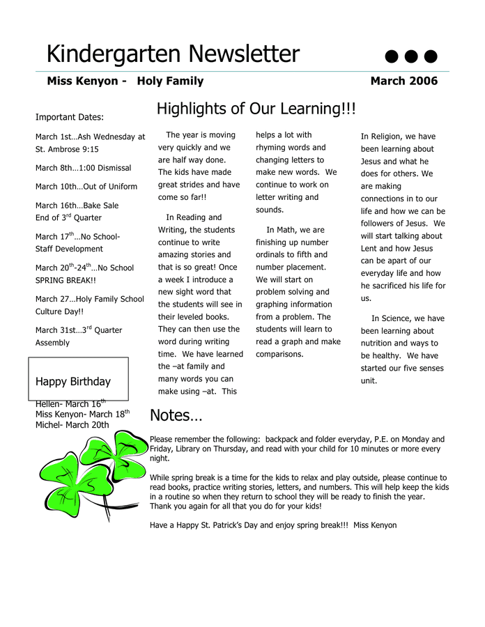 Kindergarten Newsletter Template - download free documents for PDF Sns-Brigh10