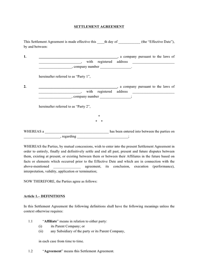 Settlement agreement template in Word and Pdf formats