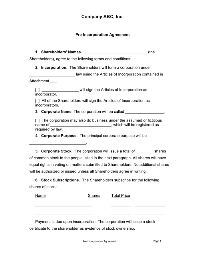 Pre-incorporation Agreement In Word And Pdf Formats