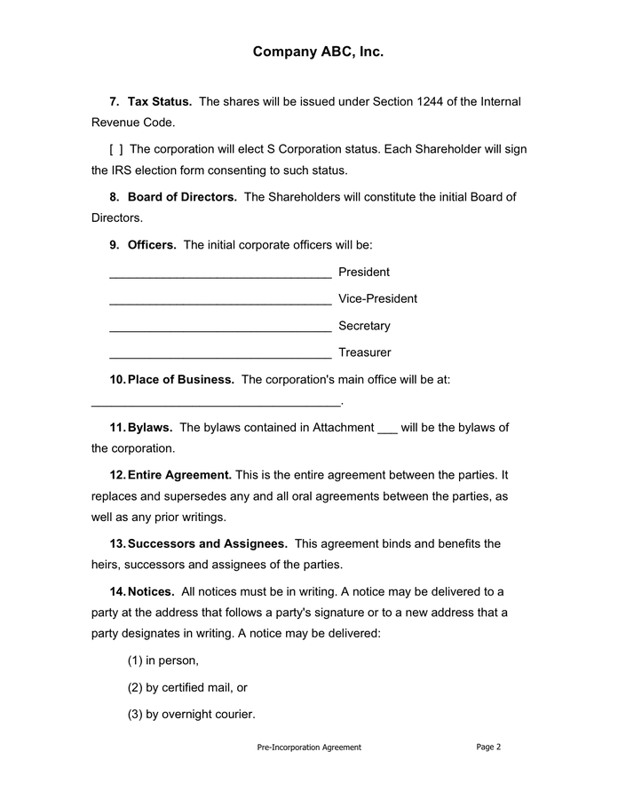 Pre-incorporation agreement in Word and Pdf formats - page 2 of 3