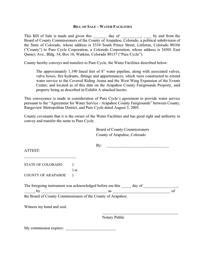 Bill of sale water facilities in Word and Pdf formats