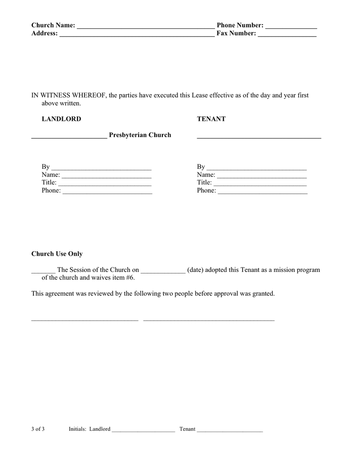 Presbytery Lease Agreement In Word And Pdf Formats - Page 3 Of 3