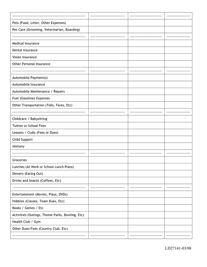 Household budget worksheet in Word and Pdf formats - page 2 of 4