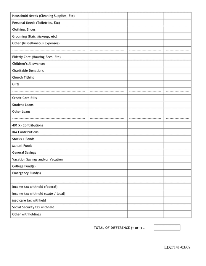 Household budget worksheet in Word and Pdf formats - page 3 of 4