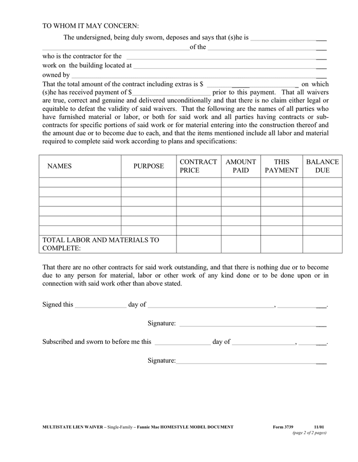 Lien waiver form in Word and Pdf formats - page 2 of 2