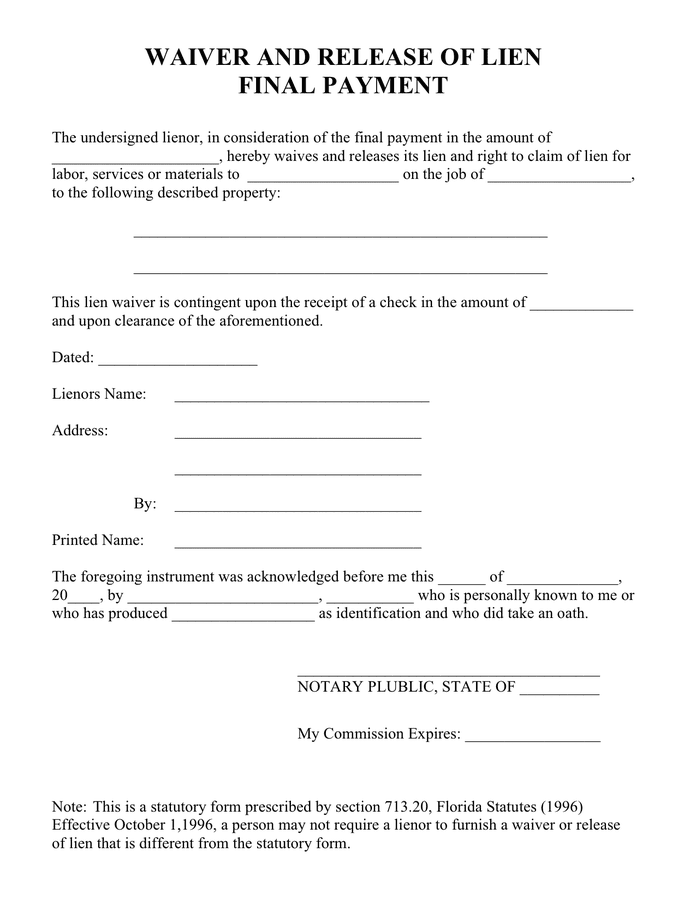 Blank Printable Lien Waiver Form