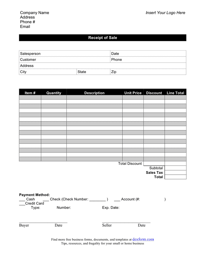 receipt of sale template in word and pdf formats