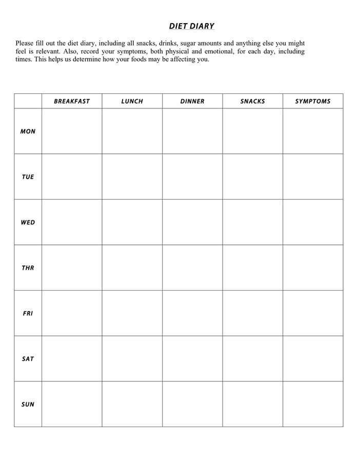 Diet diary template page 1