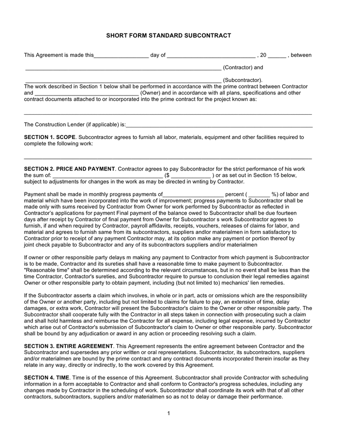 Short Form Standard Subcontract In Word And Pdf Formats