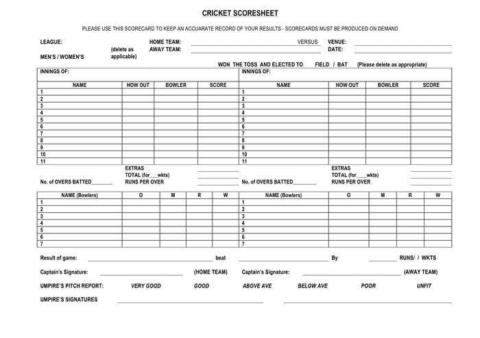 cricket score sheet batting and bowling