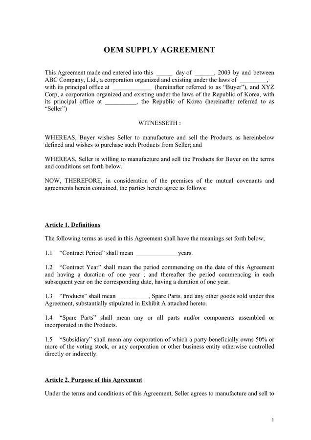 OEM supply agreement in Word and Pdf formats