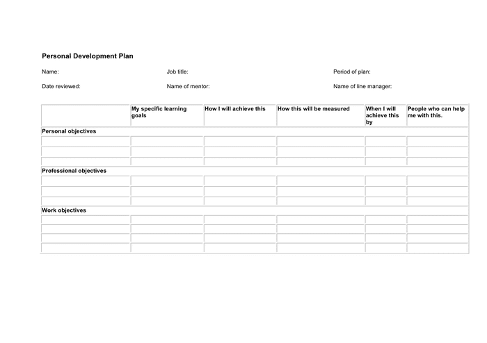 Personal development plan in Word and Pdf formats