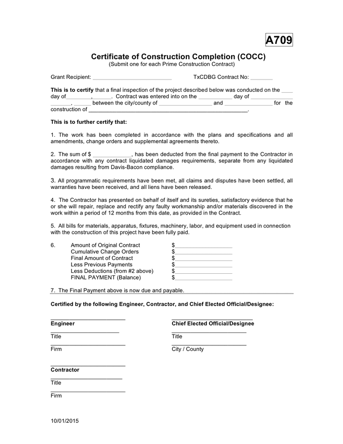 certificate of completion construction templates