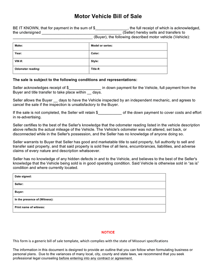 vehicle bill of sale template pdf