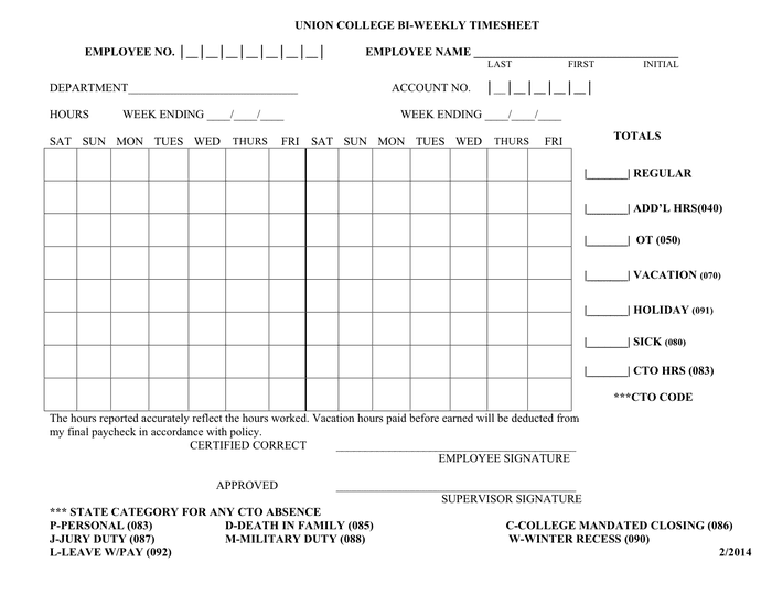 Bi-weekly staff timesheet in Word and Pdf formats