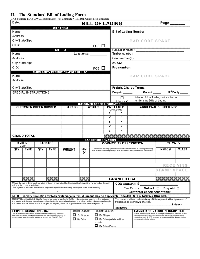 Bill of lading form in Word and Pdf formats