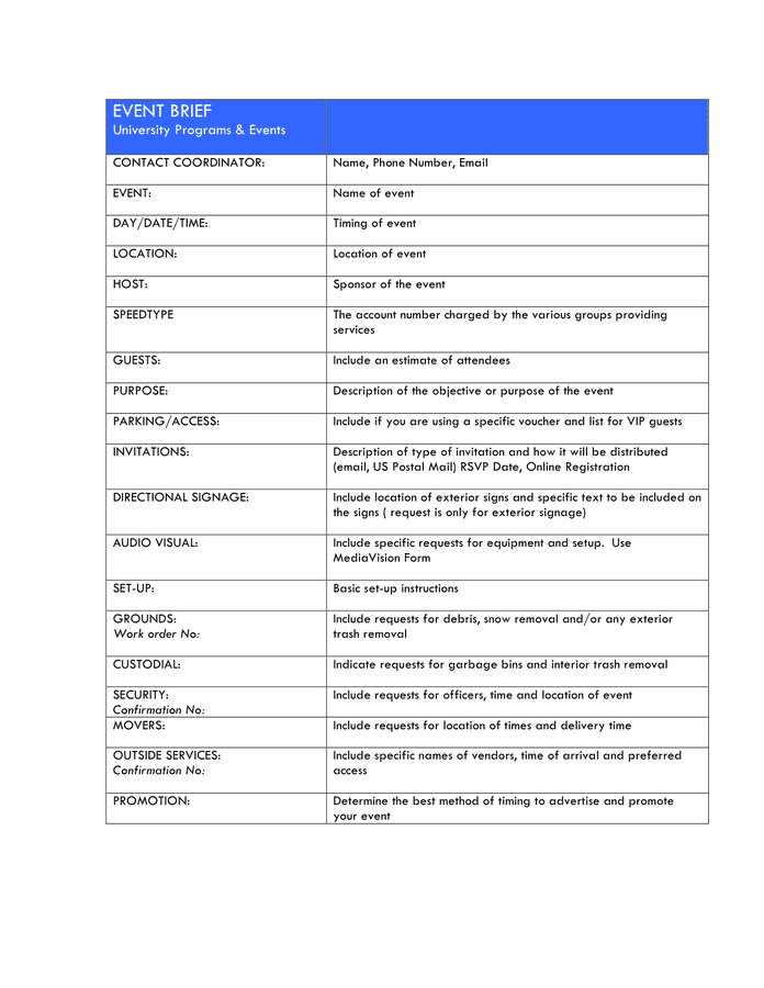 Event Brief Template In Word And Pdf Formats