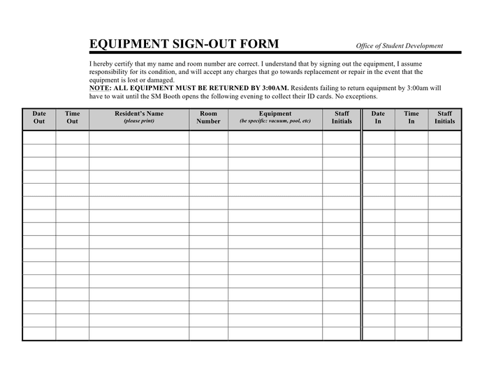 Equipment signout form in Word and Pdf formats