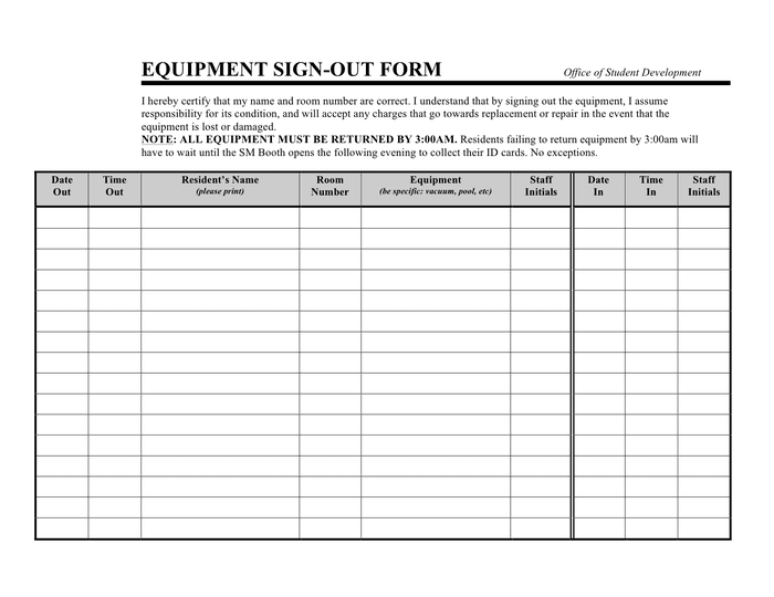 Printable Equipment Sign Out Sheet Template