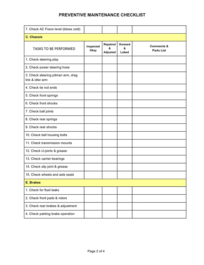Preventive maintenance check sheet in Word and Pdf formats page 2 of 4