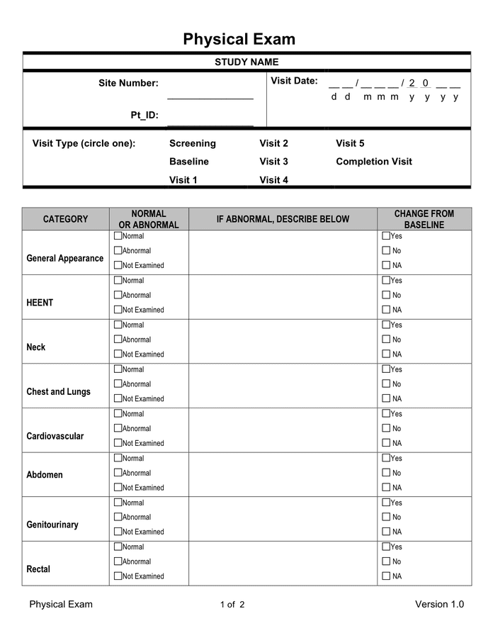 Physical exam template in Word and Pdf formats