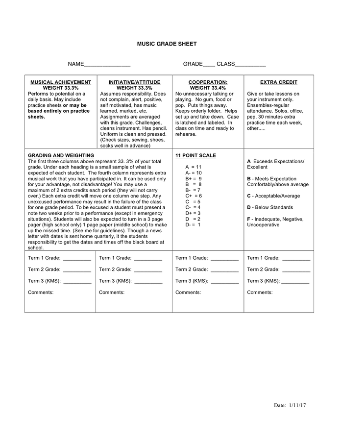 Music grade sheet in Word and Pdf formats